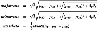 \begin{eqnarray*} majoraxis &=& \sqrt{2}\sqrt{\mu_{20}+\mu_{02}+\sqrt{(\mu_{20}-\mu_{02})^2+4\mu_{11}^2}}\\ minoraxis &=& \sqrt{2}\sqrt{\mu_{20}+\mu_{02}-\sqrt{(\mu_{20}-\mu_{02})^2+4\mu_{11}^2}}\\ axistheta &=& \frac{1}{2}{\tt atan2}(\mu_{11},\mu_{20}-\mu_{02})\\ \end{eqnarray*}